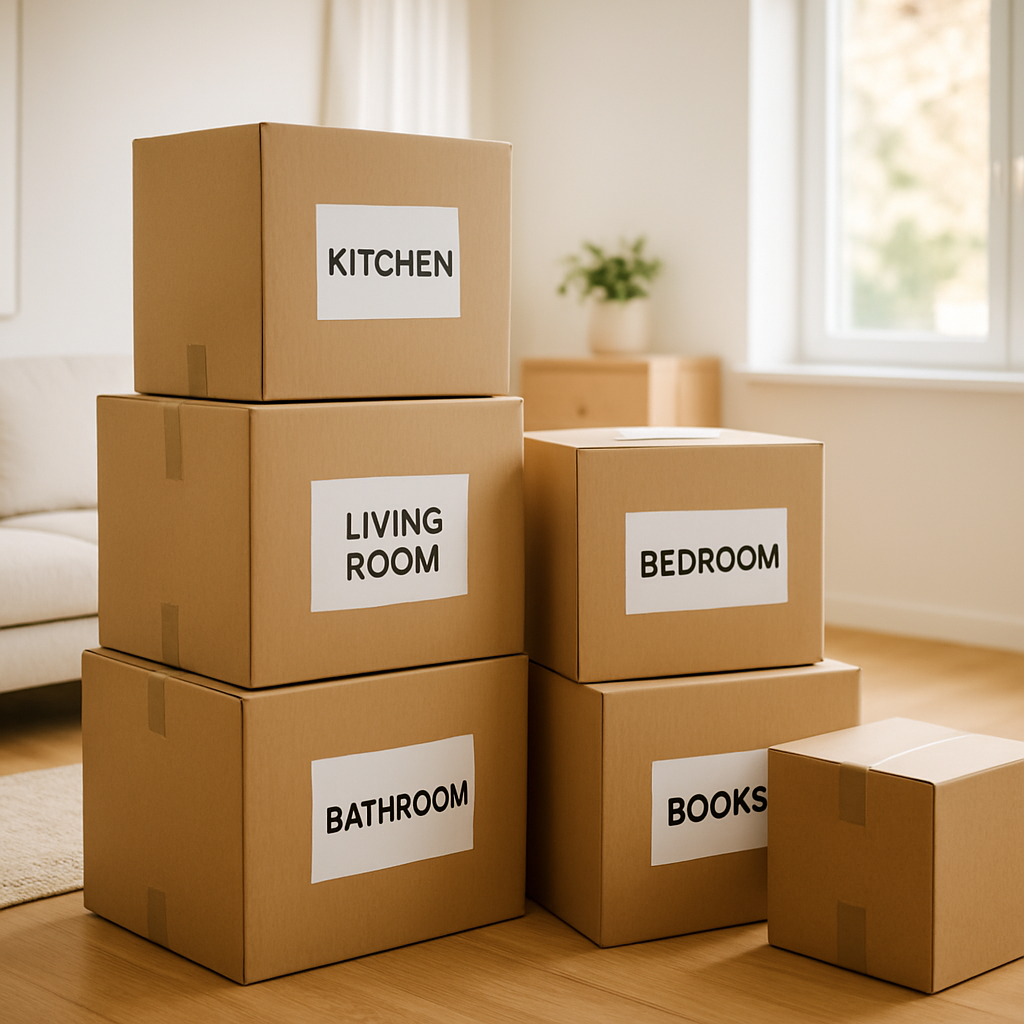 Professionally packed moving boxes neatly stacked and labelled ready for relocation